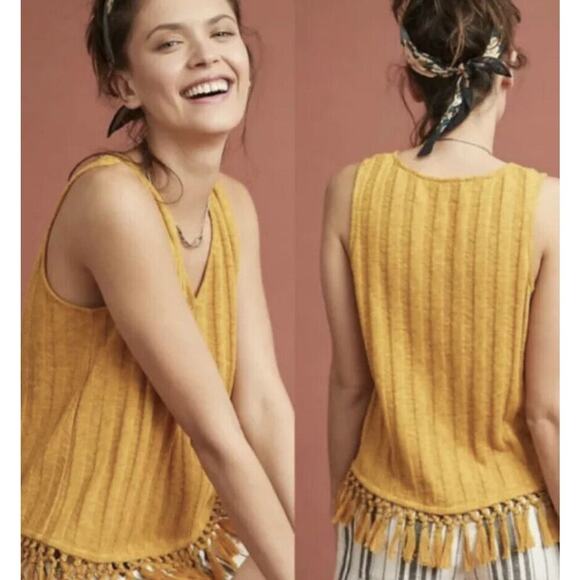 Anthropologie Eri + Ali Beachcomber Fringe Top Ribbed Yellow Top Tank Boho Sz M - Picture 1 of 9
